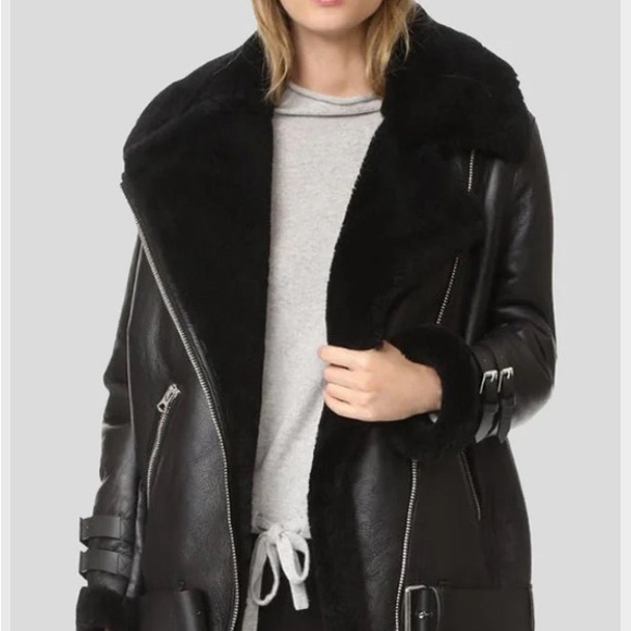 Women's Black Shearling Leather Jacket - Picture 1 of 12